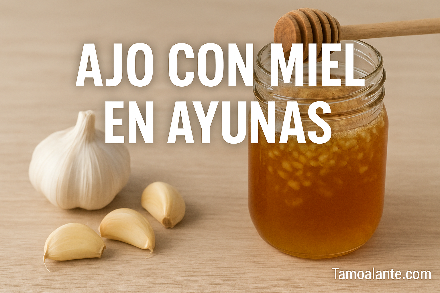 Ajo con miel en ayunas en frasco de vidrio, remedio natural casero para mejorar la digestión, aumentar la energía y fortalecer el sistema inmunológico.